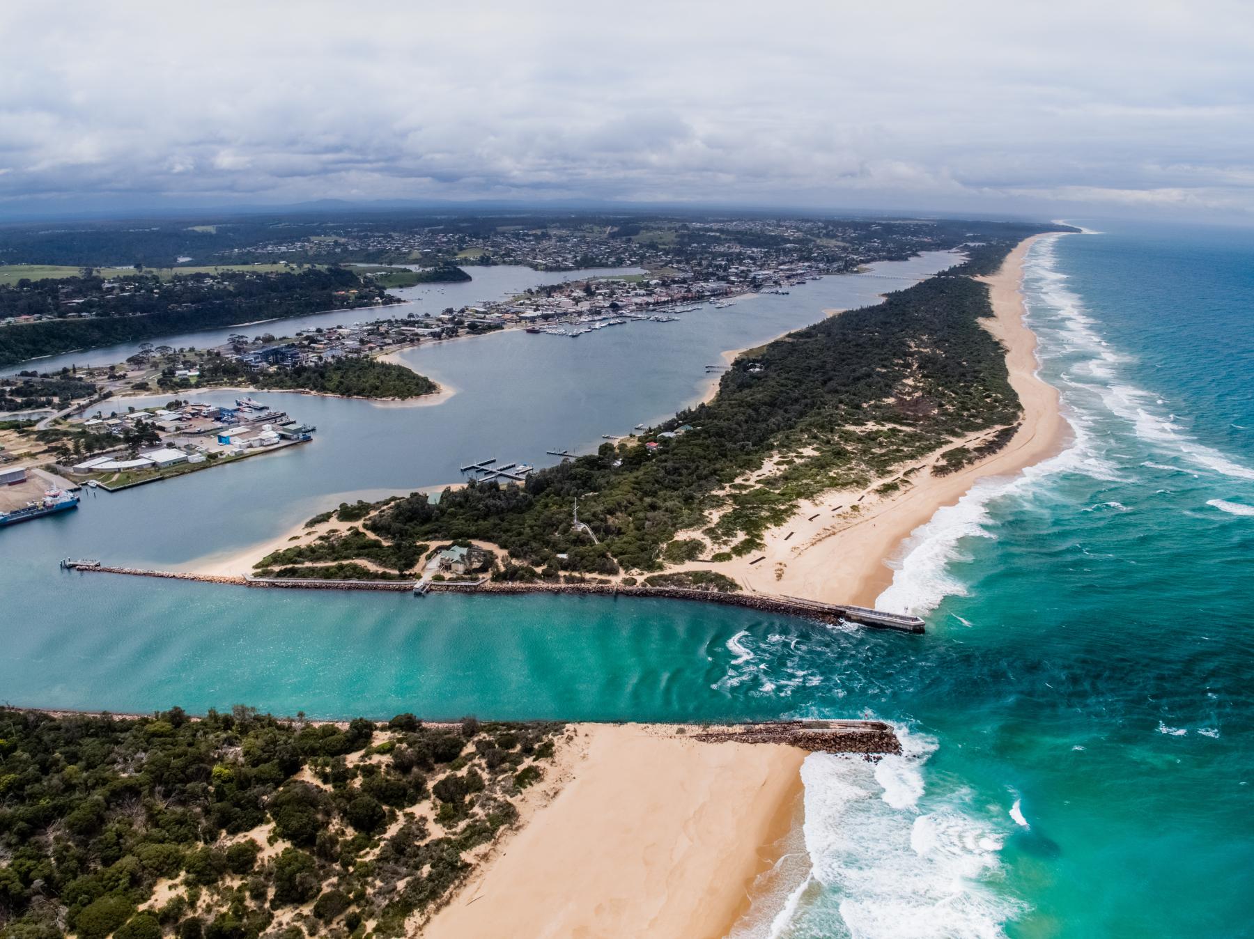 Aerial view of Lakes Entrance by Visit Victoria